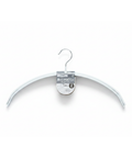 A white plastic hanger with a silver metal hook, shown with its original product packaging label against a plain white background.