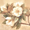 A watercolor-style floral painting featuring large cream and white magnolia blossoms with green and brown leaves on a warm beige background.