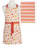 Colorful apron with mushroom pattern and matching towel on a mannequin.