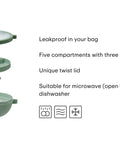 Green compartmentalized container with features listed on a white background
