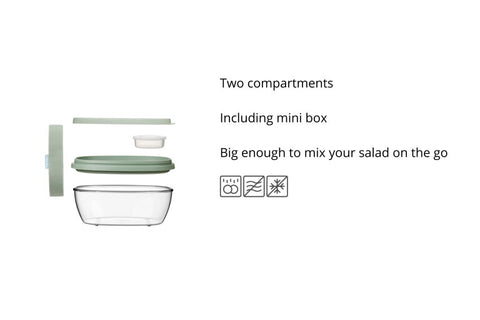 Clear salad bowl with two compartments and a mini box on a white background