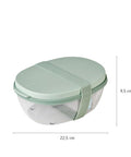 Green food container with dimensions on a white background