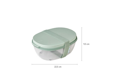 Green food container with dimensions on a white background