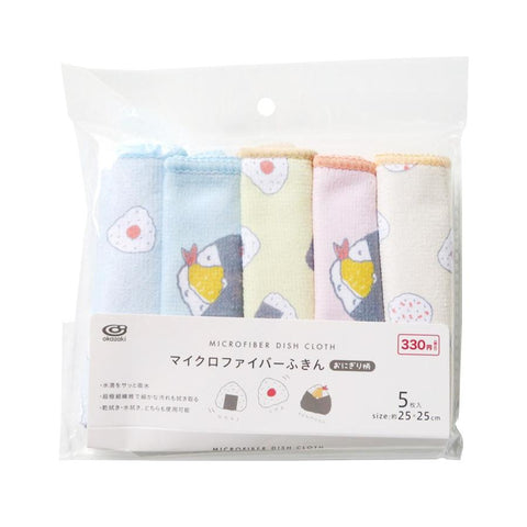 Pack of five microfiber dishcloths in pastel colors with cute cartoon onigiri food prints, sealed in a clear plastic bag with a white paper label.