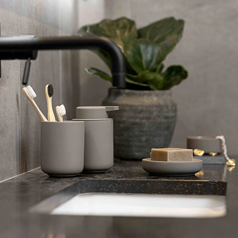 Bathroom counter with toothbrush holder, soap dish, and plant in a modern setting.